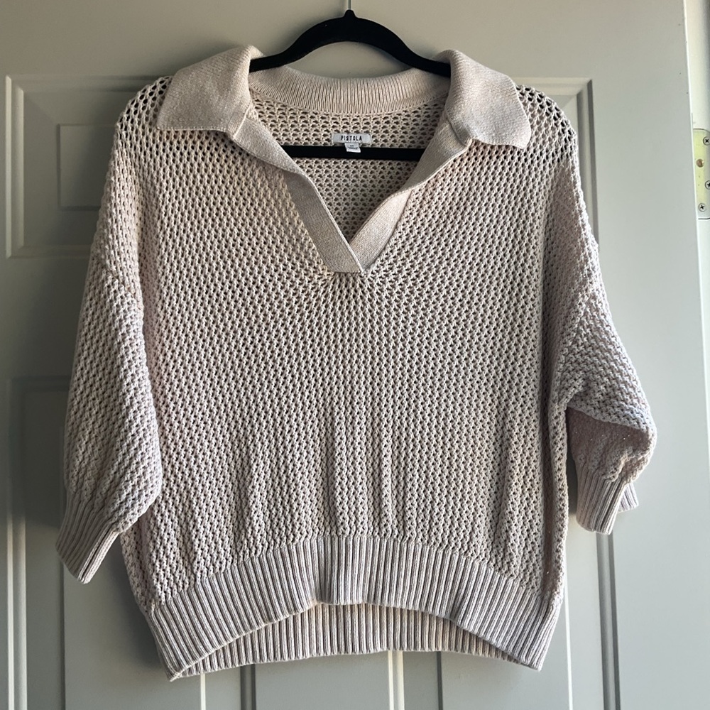 Pistola Open-Knit V-Neck Collared Sweater -